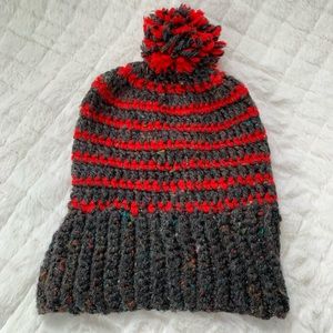 Women’s Handmade Knitted Striped Winter Snow Hat Gray and Red One Size
